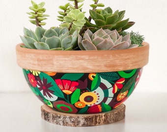 Pflanzschale, Terrakotta Blumentopf, Großer Pflanzer, succulent planter, Blumenübertopf, Pflanztopf Rund Abstraktion, Außentopf, handbemalt