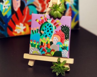 Cactus original small canvas painting with easel, mini acrylic painting, abstraction, floral acrylic drawing, table picture