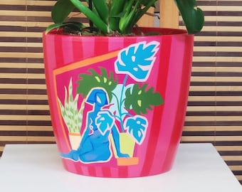 Terracotta flower pot "Woman with plants", large planter, plant pot, round abstraction, indoor plant flower bowl, hand-painted