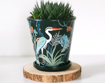 Storch Terrakotta Blumentopf, dekorativer Pflanztopf mit Untersetzer, Vögel und Pflanzen, übertopf, Zimmerpflanzen Topf, handbemalt