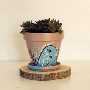 Beige Terracotta Flower Pot with Saucer Flowers Small Planter Indoor Plants Hand Painted Plant Pot
