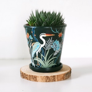 Stork terracotta flower pot, decorative plant pot with saucer, birds and plants, planter, houseplant pot, hand painted