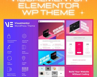 May include: A digital graphic showcasing the Visualmentor Elementor WordPress theme. The layout features a purple sidebar with icons for features like WooCommerce, Google Fonts, and page builders, alongside screenshots of website templates.