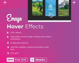 Puede incluir: Un gráfico digital que muestra Emage Hover Effects con una ventana de navegador con tres ilustraciones de paisajes. El texto incluye 150+ efectos, 9 opciones de alineación y funciones para títulos, subtítulos, contenido, botones y una cuadrícula para Elementor.