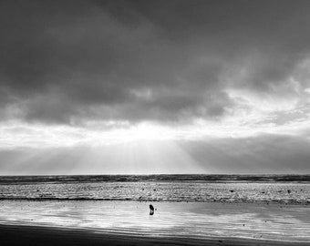 The Beachcomber - Black and White  photograph of Camber Sands, Kent, UK. Original art. Photo print.