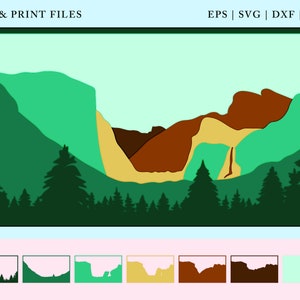 May include: A digital cut file of a mountain landscape with a green, brown, and yellow color scheme. The file is for use with a cutting machine to create a layered paper craft.