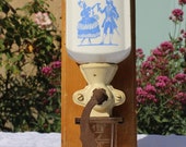Old-housed manual coffee grinder, ceramic and glass, wooden structure