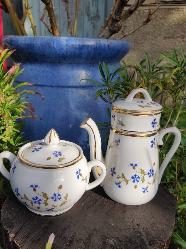 Théière et Sucrier en Porcelaine, Décor Barbeau