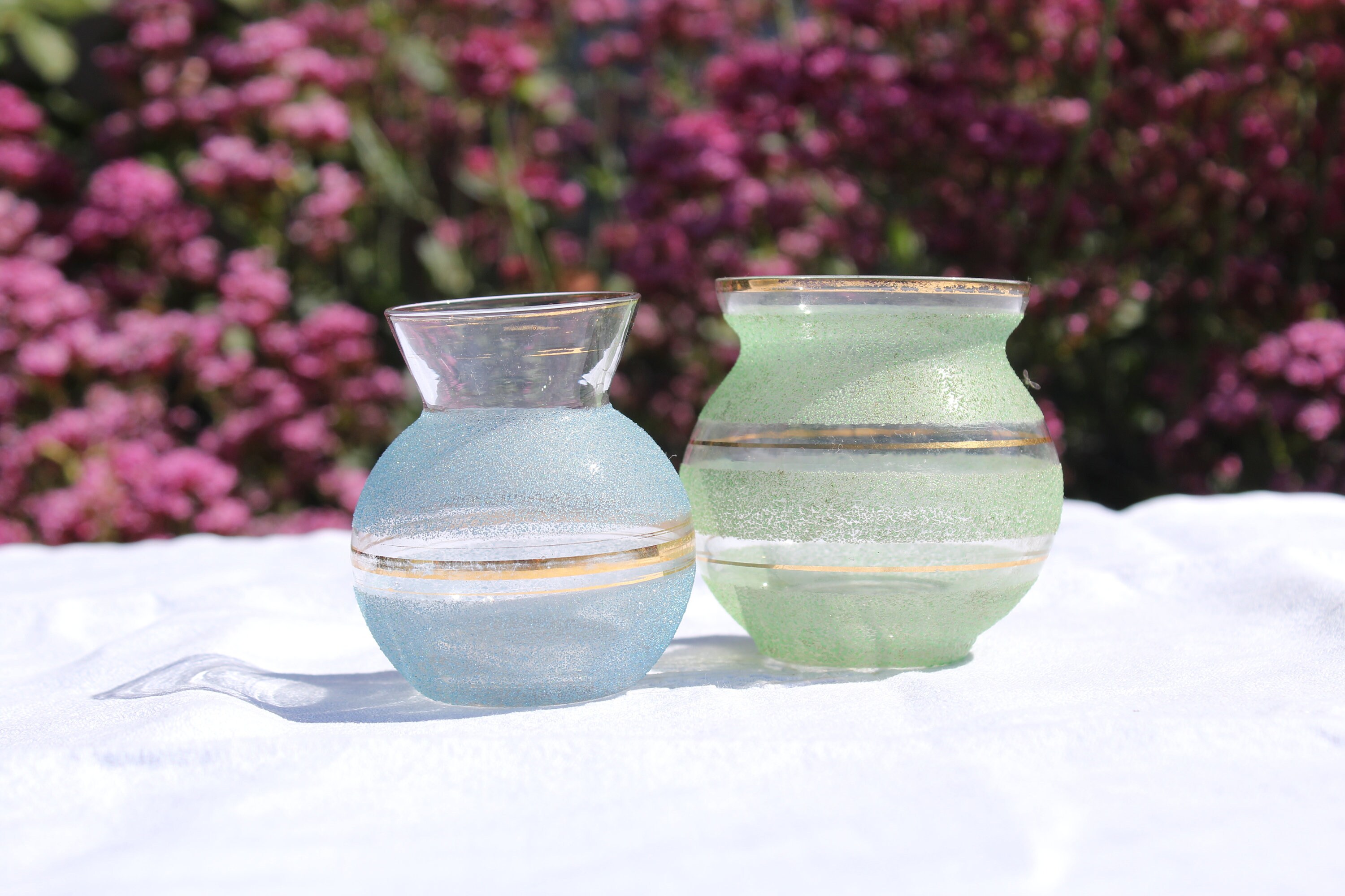 Petits Vases Anciens en Verre Granité de Couleur Bleue et Verte, Liseré Doré, 1970