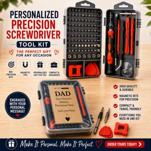 May include: A precision screwdriver tool kit featuring a grey plastic case with over 80 magnetic bits, a red and black handle, tweezers, and pry tools. The closed case displays a custom label reading DAD Size Doesn't Matter, Precision Does.