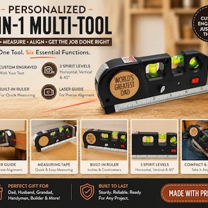 May include: A black 6-in-1 multi-tool featuring a laser guide, three spirit levels for horizontal, vertical, and 45-degree alignment, and a built-in ruler with centimetre markings. The tool includes a circular wooden inlay engraved with the text World's Greatest Dad.
