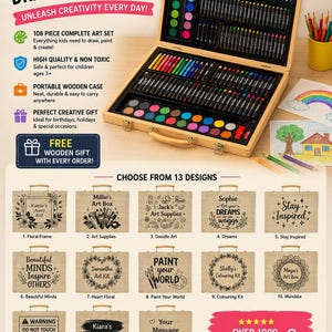 May include: A 108-piece art set in a portable wooden case containing coloured pencils, oil pastels, crayons, and watercolour paints. The set includes a variety of drawing tools and paint pans. The image displays thirteen customisable lid designs.