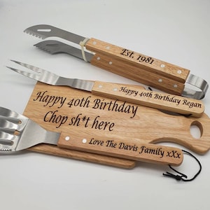Personalised set of 3 BBQ Tool Set, With or Without Personalised Chopping Board Great Father's Day Barbeque Gift, Birthday Grill Present