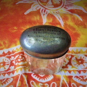 Antique Glass Jar Vessel with Metal Top Lid Container with Inscription Presented to Earnest Hobden Middlesbrough Corporation August 1910