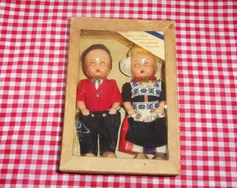 Vintage 1960s Dutch Traditional Dress Dolls Blow Molded Doll with Clothes with Wooden Clogs Tourist Doll in Original Box in original Box