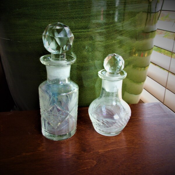 Vintage Cut Glass Bottles x 2 Jar Vessel with Ornate Shaped Glass Stoppers Lids Bathroom Ornimemtal Container