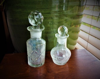 Vintage Cut Glass Bottles x 2 Jar Vessel with Ornate Shaped Glass Stoppers Lids Bathroom Ornimemtal Container