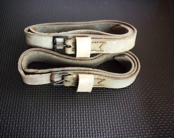 Original 1957  British Armed Forces Remploy 13845 Real Thick Leather Equipment Straps  Cond Used Off White Grey  H M  Millitary Belt Webbing