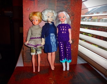 Vintage 70s Sindy Clone  Knock off 12 inch Dolls x 3 with Blow Mould Vinyl bodies + Rubber Heads + Arms in Fashion + Knitted Doll Clothes