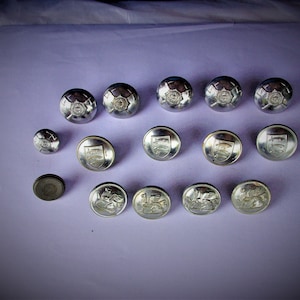 Rare Original Vintage British Fire Brigade Chrome buttons with brass back + Loop Fasteners Axe Design Firmin Gaunts Lotery London + Markings