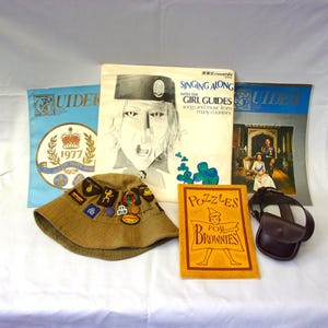 Rare Vintage 1970s + Girl Guide Brownies Association Collection Record + Cloth Hat with  Patches + Metal Badges Books Uniform belt kit