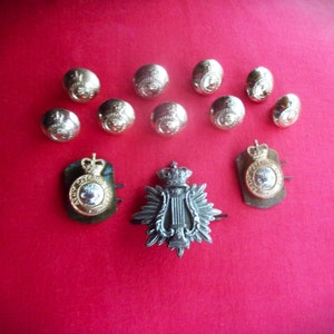 Rare Original Vintage British Band Master Badge with Victorian Crown + Catering Corps Collar Badges + Buttons x 9 with Brass Backs and loops