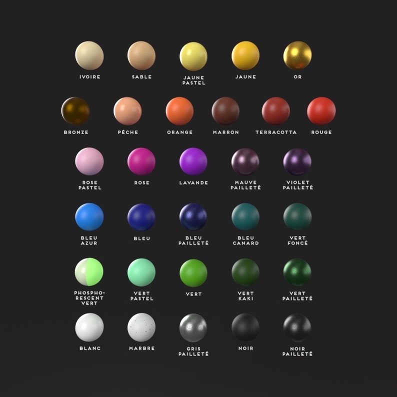 May include: A chart of 25 different colored spheres with French names for each color. The colors include ivory, sable, yellow, orange, red, pink, purple, blue, green, white, black, brown, and gray.
