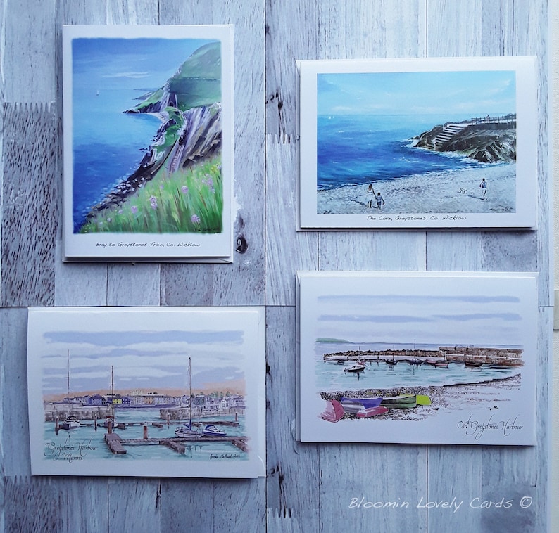 Blank inside Greystones Old Harbour New Marina Greystones Gems Greeting Cards The Cove Bray to Greystones Train Co Wicklow Pack of 4