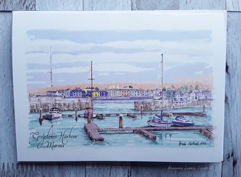 Blank inside Greystones Old Harbour New Marina Greystones Gems Greeting Cards The Cove Bray to Greystones Train Co Wicklow Pack of 4