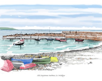 Old Greystones Harbour Print, County Wicklow, Pen & Ink, Watercolour, Gift, Irish Art