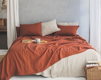 Burnt orange linen bedspread, Softened heavyweight linen bed cover, Natural linen coverlet, Handmade linen bedspread, organic throw blanket.