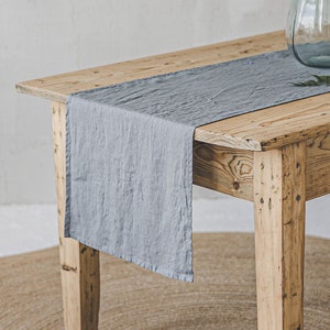 Könnte beinhalten: Ein rustikaler Holztisch mit einem grauen Leinen-Tischläufer. Eine klare Glasvase enthält grüne Farnwedel. Der Tisch steht auf einem runden, gewebten Jute-Teppich. Der Raum hat eine neutrale Farbpalette.