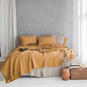 Linen bedspread in various colors, Natural linen bed cover, Handmade large linen blanket, Camel linen bed blanket, Softened linen bed throw.