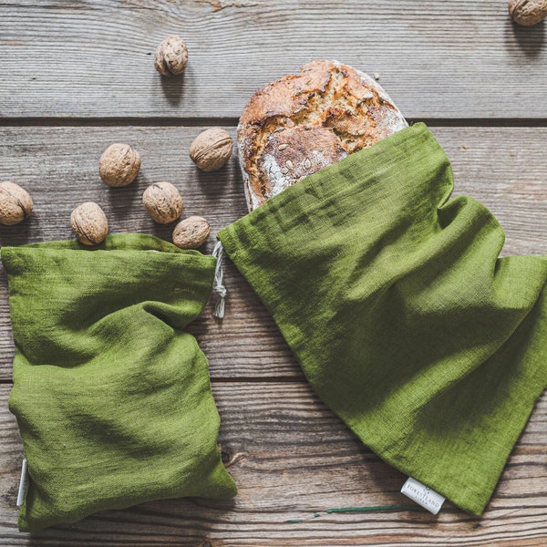 Linen bread bag in various colors, Handmade reusable linen bag, Organic linen drawstring bag, Kitchen linens, Sustainable linen storage bag.