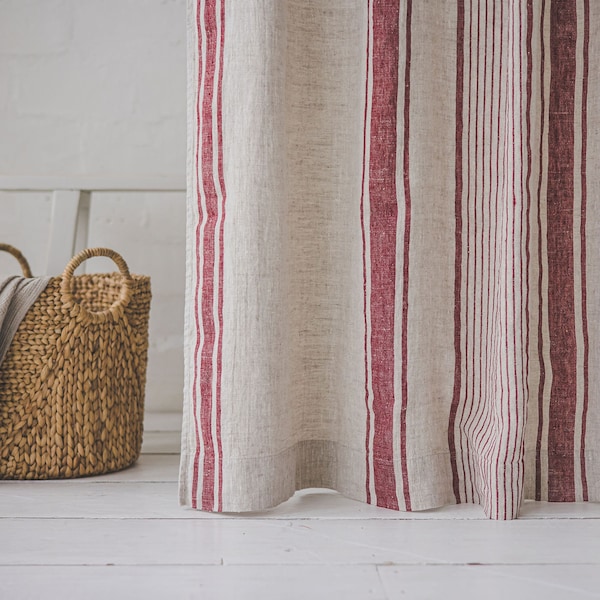 French style linen curtain with cherry red stripes, Natural heavyweight linen curtain, Farmhouse rustic linen curtain, Rod pocket curtain.