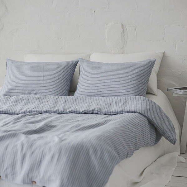 Linen duvet cover with coconut buttons, Striped linen bedding, King, queen, double, twin duvet cover, Natural softened linen.