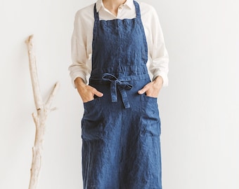 Blue linen apron, Long linen apron for women and men, Natural fabric apron for cooking, painting, gardening, Full linen apron with pockets.