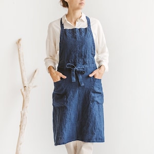Blue linen apron, Long linen apron for women and men, Natural fabric apron for cooking, painting, gardening, Full linen apron with pockets.