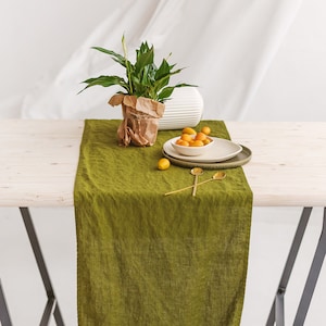 Linen table runner in moss green, Washed softened linen table runner, Handmade table runner, Natural linen table decor, Dining table runner. image 1