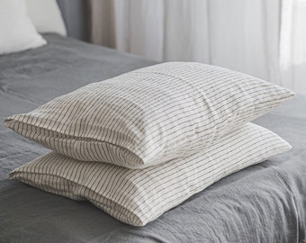 White linen pillowcase with black stripes, Softened linen pillowcase with envelope closure, Handmade natural linen pillow cover, Bedding.