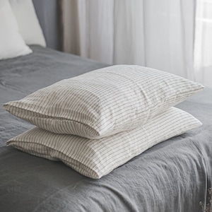 White linen pillowcase with black stripes, Softened linen pillowcase with envelope closure, Handmade natural linen pillow cover, Bedding.