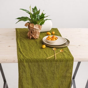 Linen table runner in moss green, Washed softened linen table runner, Handmade table runner, Natural linen table decor, Dining table runner. image 5