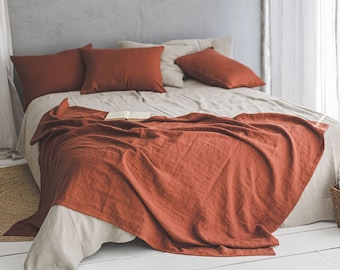 Burnt orange linen sofa cover, Natural linen throw blanket, Heavyweight linen bed blanket, Handmade sofa throw, Softened linen blanket.