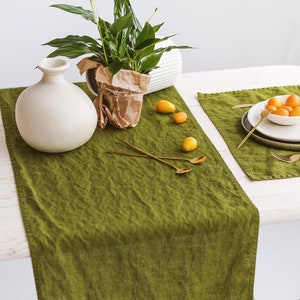 Linen table runner in moss green, Washed softened linen table runner, Handmade table runner, Natural linen table decor, Dining table runner. image 3