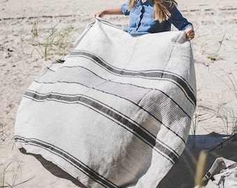 Linen beach towel with black stripes, French style linen beach blanket, Washed linen picnic blanket, Outdoor blanket, Large linen towel.