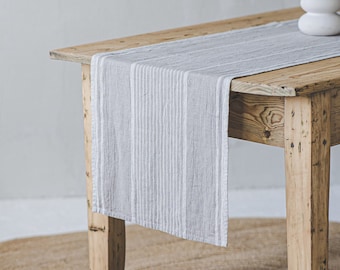 French style linen table runner with natural stripes, Farmhouse linen table runner, Handmade linen table runner, Washed linen table runner.