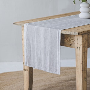 French style linen table runner with natural stripes, Farmhouse linen table runner, Handmade linen table runner, Washed linen table runner.