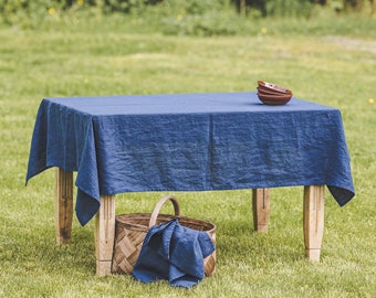 Linen tablecloth in midnight blue, Custom length linen tablecloth, Natural linen tablecloth in various colors, Square, Rectangle tablecloth.