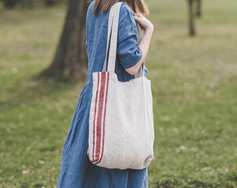 Natural linen tote bag with cherry red stripes, French style linen shoulder bag, Handmade linen summer bag, Thick linen shopping bag.