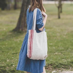 Natural linen tote bag with cherry red stripes, French style linen shoulder bag, Handmade linen summer bag, Thick linen shopping bag. Cherry red stripes